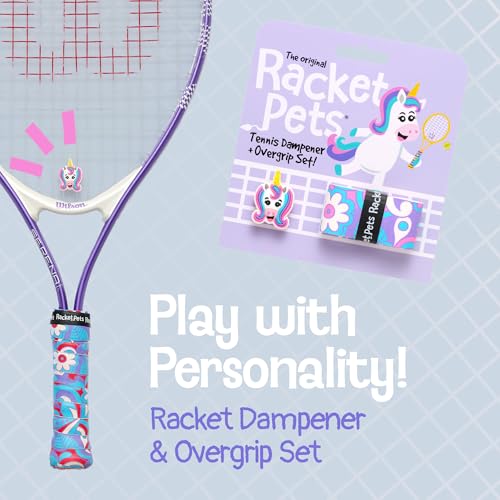 Racket Pets Kids Tennis Racket Dampener & Matching Overgrip Tape, Performance Shock Absorbing Dampener for Tennis Racket & Fun Animal Print Tennis Wrap Grip Tape - style: Unicorn