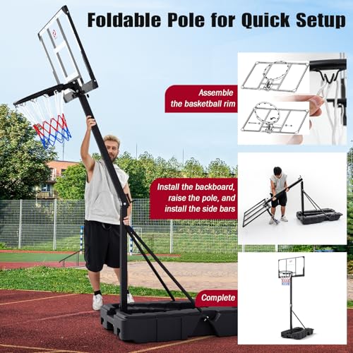 GYMAX Basketball Hoop, 7.54-10ft Adjustable Portable Basketball Goal with Extra Thick Fillable Base, Foldable, Shatterproof PC Backboard, Indoor & Outdoor for Driveway, Backyard, Court, Adults Teens