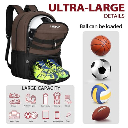 LARIPOP Soccer Backpack with Ball Holder & Shoe Compartment Large Capacity Youth Sports Bag for Training - color: Brown