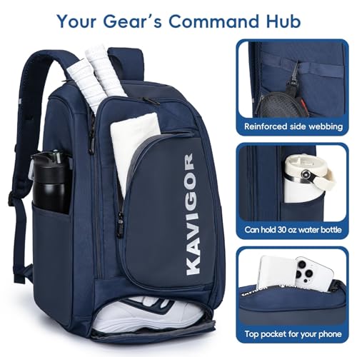 KAVIGOR Pickleball Bag, Large Pickleball Backpack Holds 4 to 6 Paddles, Shoes Compartment & Wet/Dry Pocket (9 Pockets), Charge Port - color: Blue