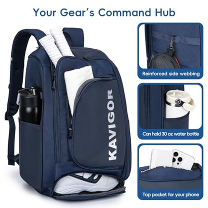 KAVIGOR Pickleball Bag, Large Pickleball Backpack Holds 4 to 6 Paddles, Shoes Compartment & Wet/Dry Pocket (9 Pockets), Charge Port - color: Blue