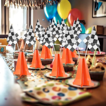Affrolling Racing Car Party Decorations Include 6 Orange Traffic Cones and 12 Checkered Flags Mini Black and White 7 Inch Cardboard Cones for Race Car Theme Birthday Party Decorations