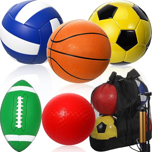 5 Pcs Multi Sports Balls Bulk Set Official Size Basketball Football Soccer Volleyball Playground Ball with Equipment Bag Pump for Indoor Outdoor Youth Adult Gifts - color: Bright