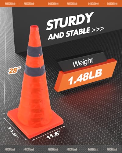 HiGiant [4 Pack] Collapsible Traffic Safety Cones 28 Inch, Orange Pop-up Cones with Reflective Collar, Caution Cones for Road Driving Practice and Parking lot - size: 28inch