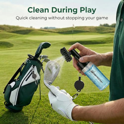 Golf Club Cleaner with Water Brush – Push-Activated Groove Tool, Transparent Reservoir, Portable with Retractable Clip for Golf Bag