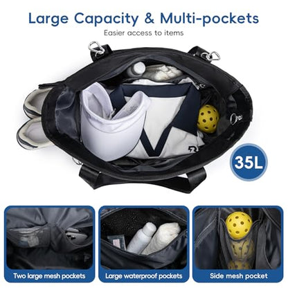 Pickleball Tote Bag for Women with Fence Hook, Quilted Pickleball Bag Holds 3-4 Paddles with Shoe Compartment & Wet Pocket - color: Black