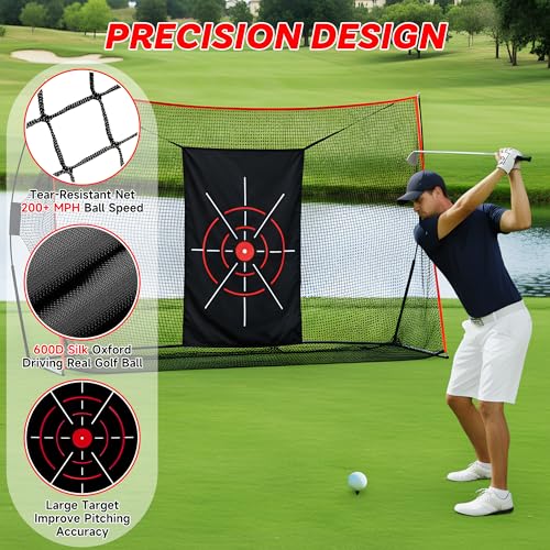 Aohanoi Golf Net, 10x7ft Golf Hitting Nets with a Turf Mats, Golf Practice Net for Backyard,Garage, Terrace Equipped with Noise Free Target, Great Gift for Fathers, Husbands and Professional Golfers