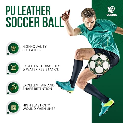 Soccer Ball Size 5 – Official Match & Training Ball, Waterproof Thermal Bonded PU Leather, Butyl Bladder, Kids Youth Adults, Indoor Outdoor, Includes Pump Needle & Mesh Bag