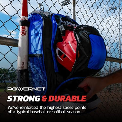 PowerNet Baseball Softball Backpack, Choose from 3 Colors Red Black Blue, Padded Helmet Carrier, Dual Bat Sleeves, Vented Cleat Compartment, Fence Hook, Hook and Loop Batting Glove Area - color: Blue