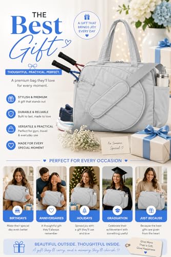 Pickleball,Tennis Racket Bag,Gym Bag for Women,Man. Quilted, Holds 2 Rackets with Shoe Compartment. Sport Bag for Gym, Court, Travel Duffle Bag - color: Light Grey