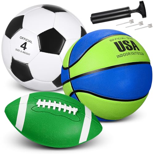 Libima 3 Pcs Sports Ball Set for Kids Teens Include Official Size Basketball Soccer Football with Pump and Carry Bag Training Practice Sport Back to School Gift - color: Blue Green
