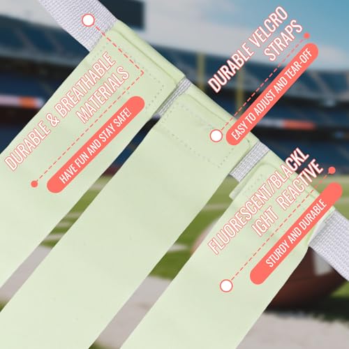 Glow in the Dark Flag Football Belts Set: 4 Adjustable Belts 12 Football Flags, Easy Tear-Away Design, Football Gear for Kid Youth Adult, Perfect for Camping Yard Beach Games, Glow Party Accessories