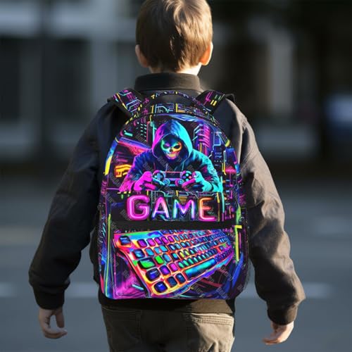 School Backpack for Boys Video Game Backpack for Kids Skull Gaming Print Boys Backpacks School Bag Lightweight Waterproof Adjustable Kids Backpacks Students Bookbag for Children Teens Ages 6-18 - color: Skull Game