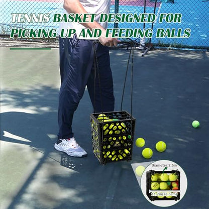 Tennis Ball Basket Tennis Ball Hopper with Wheels | 60 Balls Capacity Lightweight Collector | No-Bend Hands-Free Ball Retrieval Tool for Training & Court Use