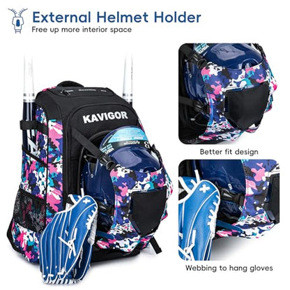 KAVIGOR Baseball Bag for Youth and Adult, Softball Backpack 50L Large Capacity, Equipment Backpack with Laptop Compartment and Charge Port