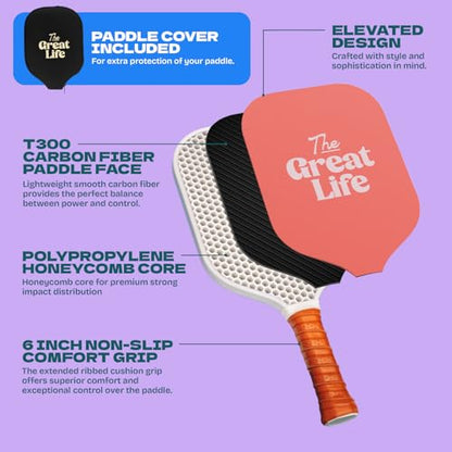 Premium Pickleball Paddle | Carbon Fiber | Beginner Friendly | 6in. Handle | Honeycomb Core | Lightweight | Single Paddle + Paddle Cover Included | Retro & Stylish