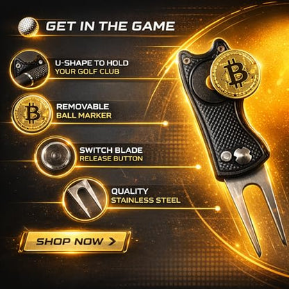 Bitcoin Golf Divot Repair Tool, All-Metal Golf Accessories - 3- in-1 Golf Multitool (Divot Tool, Ball Marker, Club Holder) | Foldable with with Pop-up Button & Magnetic Ball Marker