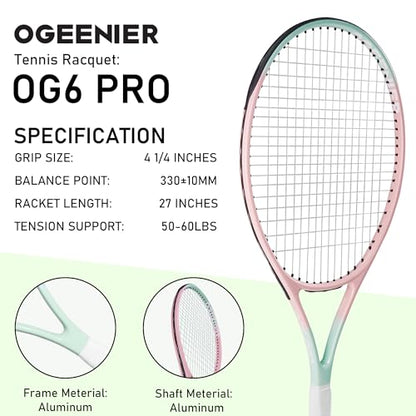27 Inch Adult Tennis Racket Set, Pre-Strung Beginners Tennis Racquet, Lightweight and Recreational Aluminum Rackets with Overgrip, Tennis Balls and Tennis Bag for Men Women