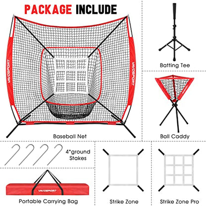 VAVOSPORT 7x7' Baseball Net Set - Portable Softball & Baseball Net, Batting Tee, Ball Caddy, Strike Zone, Training Equipment for Youth Practice