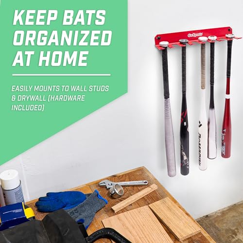 GoSports Baseball & Softball Bat Racks - Black or Red, Holds 16 Bats - Mount on Wall or Clip on Dugout Fence - color: Red