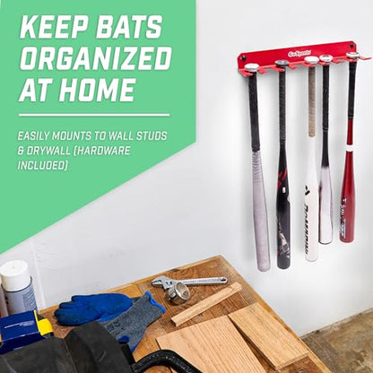 GoSports Baseball & Softball Bat Racks - Black or Red, Holds 16 Bats - Mount on Wall or Clip on Dugout Fence - color: Red
