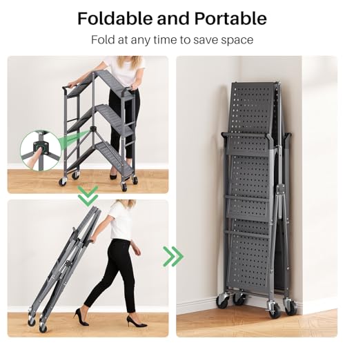 3 Tier Utility Carts - Folding Metal Rolling Cart with Wheels for Kitchen Office Garage Storage, Grey
