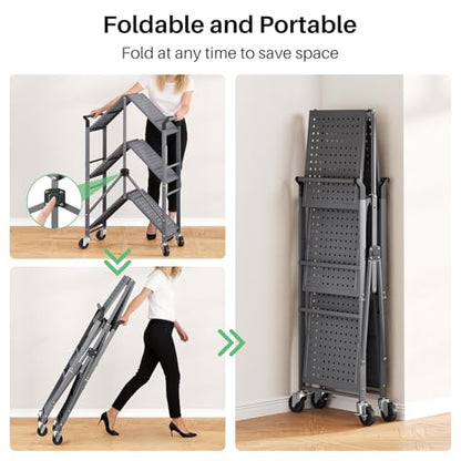 3 Tier Utility Carts - Folding Metal Rolling Cart with Wheels for Kitchen Office Garage Storage, Grey