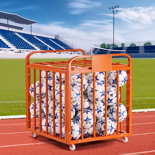 Orange Rolling Basketball Storage Cart Kindergarten School Soccer Volleyball Ball Cart Sports Equipment Organizer Large Folding Ball Cage for Garages, Playgroup, Gym