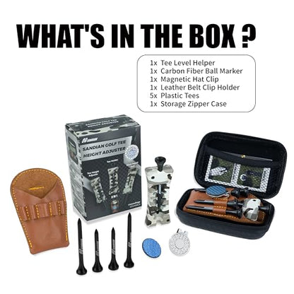 SANDIAN, All-in-1 Value Pak, Adjustable Golf Tee Height Setter with Divot Tool, Genuine Carbon Fiber Made Pitchfork, Super Lightweight, T800 Ball Marker, Hat Clip, Tees, Leather Holster, Zipper Case - color: Camouflage Full
