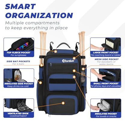Rolling Baseball Bag with Wheels, 70L Large Capacity Baseball Backpack with Hidden Shoulder Strap, Sturdy Softball Bag with Multi-Pockets, Shoe Compartment, Fence Hooks for Players, Coaches - color: Blue