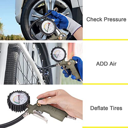 Tire Inflator with Pressure Gauge, 0-220PSI Dial Wheel Air Tire Pressure Gauge, Heavy Duty Rubber Hose with Quick Coupler, Air Compressor Tire Inflator Attachment for Cars Motorcycle Bike