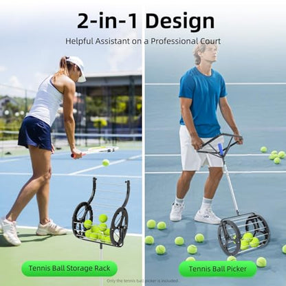 Automatic Tennis Ball Picker, 80 Balls Capacity, 2 in 1 Tennis Collector Basket with Adjustable Height, Rolling Ball Catcher with Handle, Portable Hopper for Gym Court, Club, School