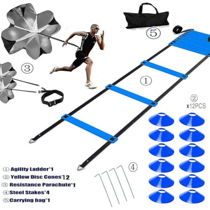 20ft Sports Agility Ladder, Agility Training Equipment for Football, Exercise, Tennis, Legs Workout with Speed Parachute, Cones and Carry Bag