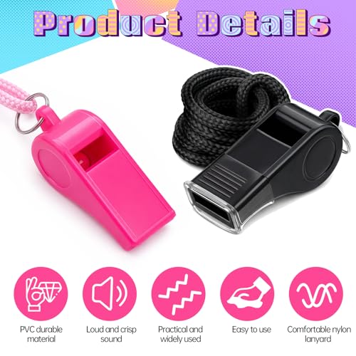 2 PCS Plastic Whistle for Coaches, Pink and Black Sports Whistle with Lanyard Plastic Sports Whistles Loud Crisp Sound Whistles with Mouth Grip for Outdoor Sport Referees Officials Emergency Survival