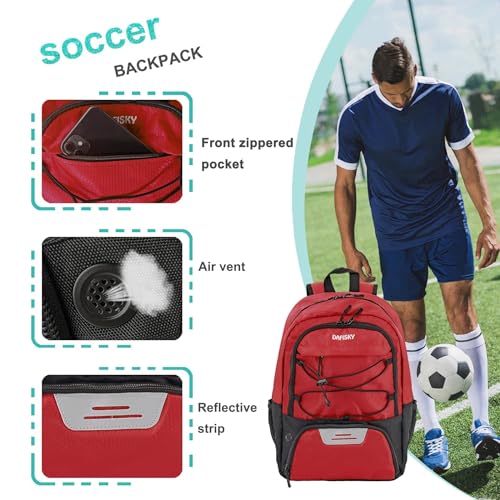 DAFISKY Soccer Backpack, Soccer Bags with Ball Holder & Shoes Compartment, Water Resistant Backpack for Basketball Volleyball Football - color: Red