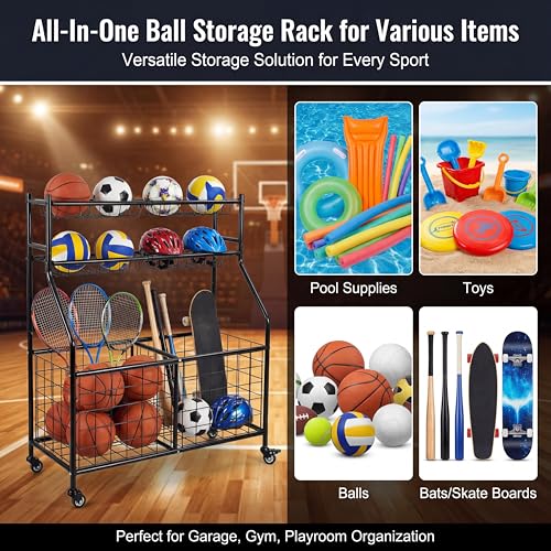 Garvee Ball Storage Cart, Sports Equipment Garage Organizer with Wheels for Sports Gear and Toys, Rolling Indoor/Outdoor Storage Cart