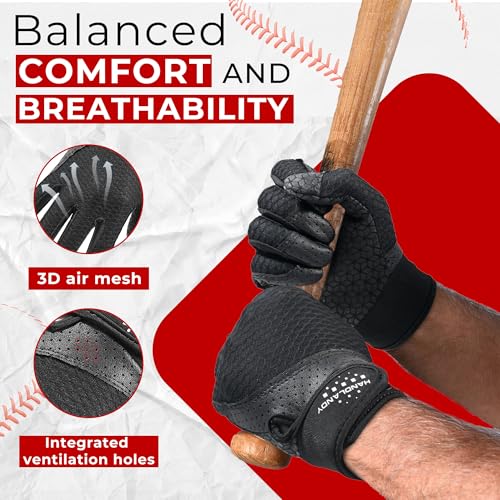 HANDLANDY Baseball Batting Gloves for Adult Youth, Grip Breathable Softball Batting Gloves Fit Men Kids Boys Girls - color: Dark Black-Adult, size: Adult X-Large