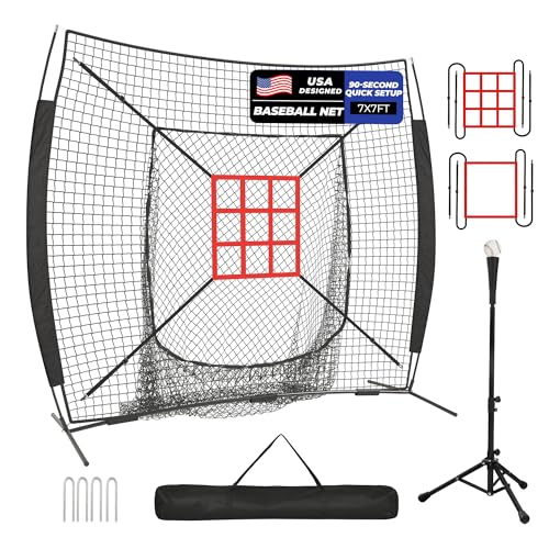 7 x 7 ft Baseball Net with Batting Tee, Baseball Softball Batting Net with Strike Zone for Practice Hitting Pitching Fielding, Quick Setup, Portable, with Carry Bag, 4 Ground Stakes