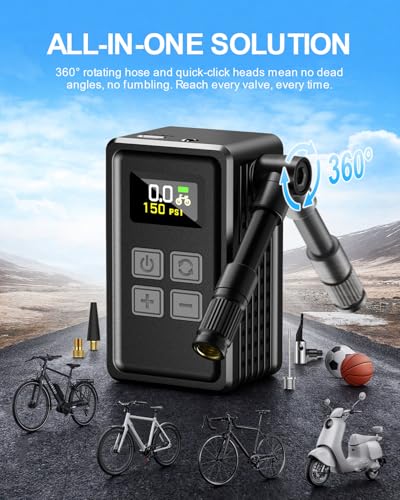 Mini Bike Pump 150PSI with Gauge, Fast Inflation Electric Air Pump, Portable Tire Inflator for Presta & Schrader Valve - Electric Bike, Mountain Bike, Road Bike, Motorcycle, Sports Ball