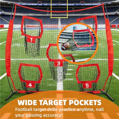 7×7ft Football Throwing Net with 5 Targets,UV-Resistant Football Training Net for Outdoor Great for Quarterback & Youth Practice Includes Carry Bag