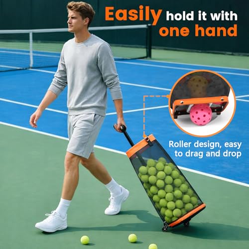 Rolling Pickleball Ball Collector with Wheels & Telescopic Handle - Large Capacity Tennis Ball Hopper Basket with Durable Mesh, Portable Ball Retriever for Tennis, Pickleball & Baseball Training