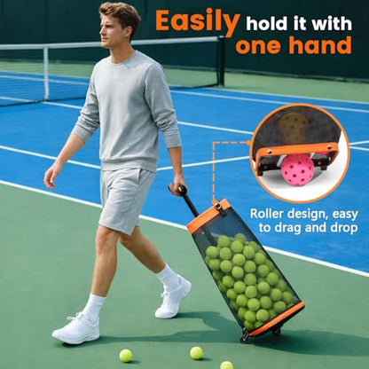 Rolling Pickleball Ball Collector with Wheels & Telescopic Handle - Large Capacity Tennis Ball Hopper Basket with Durable Mesh, Portable Ball Retriever for Tennis, Pickleball & Baseball Training