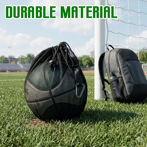 Thinp Single Mesh Ball Bag with Zipper Pocket, Ball Storage Bag Mesh Storage Bags with Double Hook Portable Drawstring Sling Back Bags for Soccer Basketball Football Volleyball Rugby