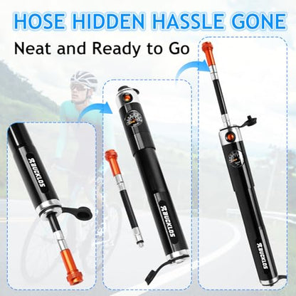 BUCKLOS Mini Bike Tire Pump with Gauge Portable Bicycle Hand Air Pump 160Psi Presta Schrader Valve Air Pressure Gauge for Mountain Bike Road Bikes Balls Handheld Accessories Tool