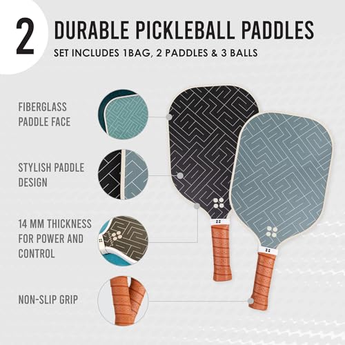 Holbrook's Rove 2: Pickleball Paddles Set of 2 Including 3 Outdoor Pickleball Balls, and Backpack to Carry it All | Fiberglass Paddle Surface for Any Skill Level