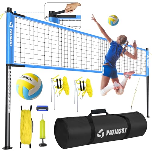 Outdoor Volleyball Net System, 32FT Regulation Size Anti-Sag Net, Quick Setup Adjustable Height Poles, Volleyball Set with Pump, Hammer, Boundary Line and Carry Bag for Backyard Beach Lawn - color: B-Blue
