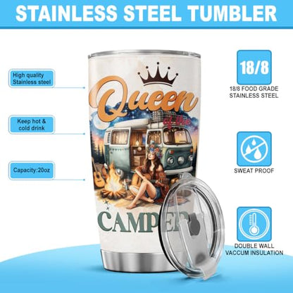 Queen of the Camper Gift 20oz Stainless Steel Tumbler, Insulated Coffee Travel Mug with Girl and Van Artwork, Camper Themed Outdoor Adventure Cup for Women, Camping Enthusiasts - color: Camping Lover