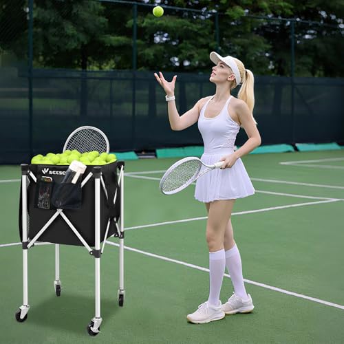 Sturdy Pickleball Tennis Ball Hopper - Foldable Lightweight Tennis Cart Holds 240 Tennis/180 Pickleballs with Removable Bag, Wheels, Side Pocket for Training/Teaching