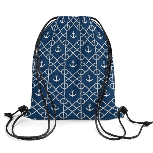 Large Capacity Beam Backpack Drawstring Sack for Basketball Sports Gear Travel Storage Men Women Unisex, Nautical Anchor Chevron Net Navy Bags