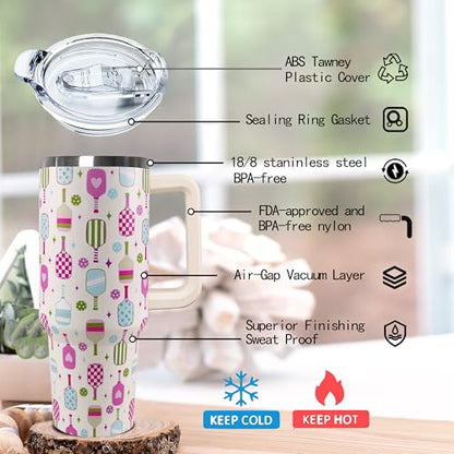 Ceovfoi 40 oz Pickleball Coffee Mug Vacuum Insulated Travel Tumbler with Handle, Lid & Straw - Perfect Pickleball Gifts for Players, Coaches, Lovers | Pickleball Accessories - color: Pickleball